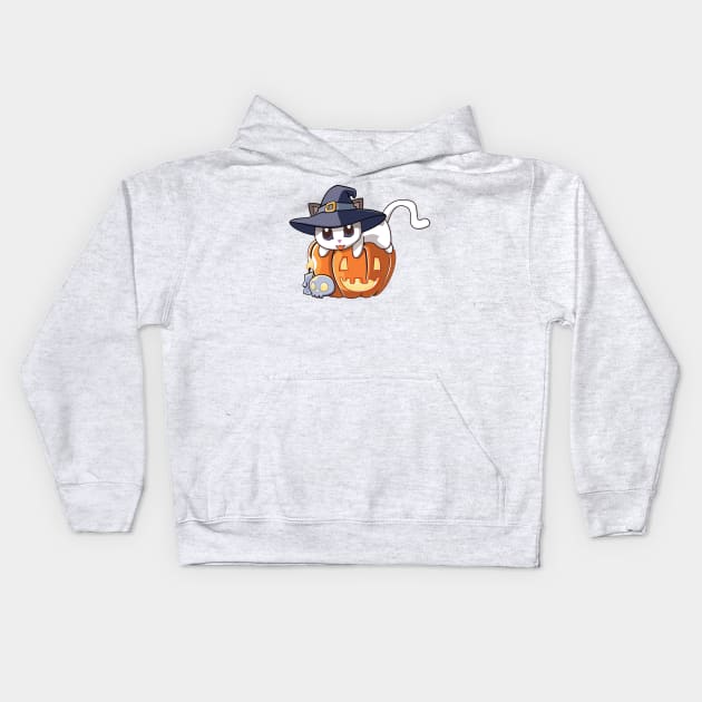 White Cat on a Pumpkin Kids Hoodie by Myanko